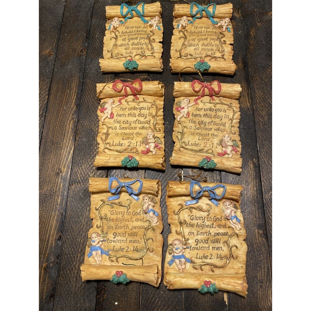 Set of 6 Christmas Angel Scroll Ornaments Biblical Verses
